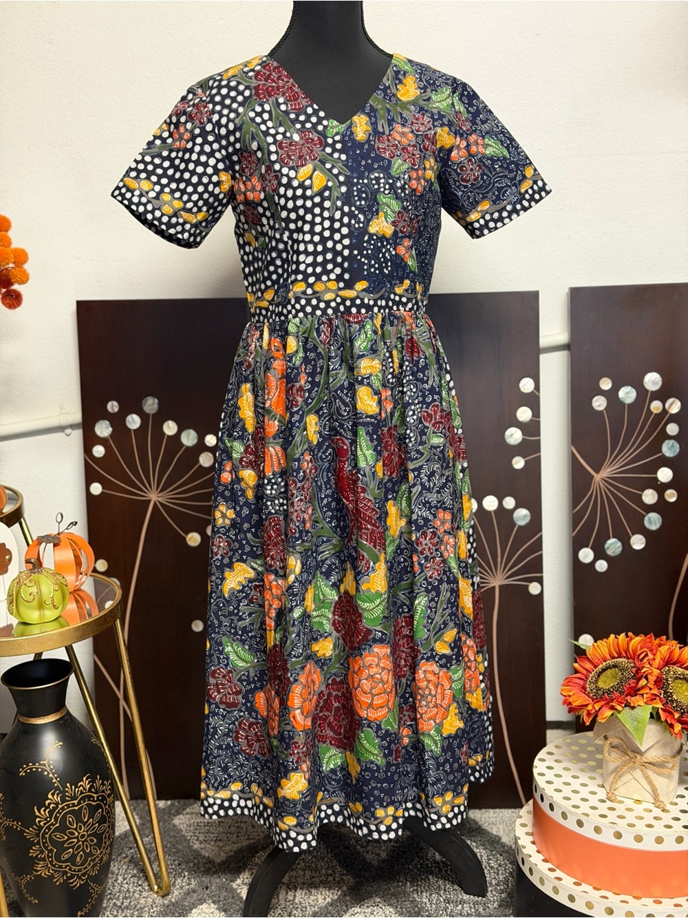 Navy Floral & Polka Dot Hand-Drawn BATIK Dress